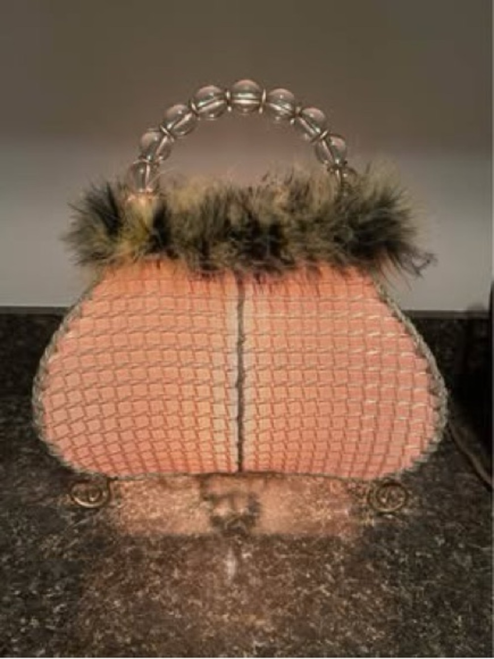 Accent Lamp - Vintage Beaded-Handle Fur Trim Handbag Light